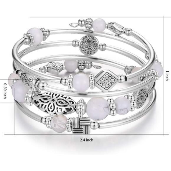 Layered Silver Wrap Bracelet - Beaded Bangle with Natural Agate Stone, Gifts - Picture 4 of 7